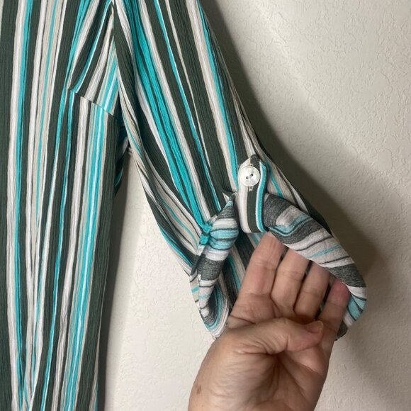 Catherines Button-Front Tunic Top Womens 2X 22/24W Striped Roll Tab Sleeves Ligh - Picture 5 of 8